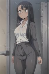 1futa ai_generated balls black_hair breasts brown_eyes clothed clothing erection erection_under_clothes futa_only futa_sans_pussy futanari hayase_nagatoro hi_res highres huskai long_hair looking_at_another medium_breasts penis please_don't_bully_me,_nagatoro revealing_clothes simple_background solo solo_futa standing tan tan_body tan_skin tanned wide_hips