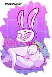 <3_eyes absurd_res anthro ass blush eyewear female genitals glasses hand_on_butt heart hi_res lagomorph leporid looking_at_viewer mammal open_mouth palmerita_uwuy palmerita_uwuy(character) purple_eyes pussy rabbit solo spread_pussy spreading tail text white_body