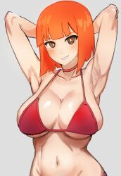 1girls armpits arms_behind_head big_breasts bikini bob_cut breasts busty choker cleavage confident curvaceous curvy curvy_female curvy_figure female female_only hands_behind_head hokkaido_usagi large_breasts mcdonald's milf mom_(japanese_mcdonald's_commercial) mother orange_hair pose posing red_bikini sensual sexy_armpits smile solo voluptuous white_background yoru_mac