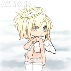 angel_costume angel_halo angel_wings awnlord blonde_hair blue_eyes clouds fake_halo fake_wings gacha gacha_club gacha_heat gacha_life lingerie medium_breasts standing strapless_bra white_bra white_panties white_stockings