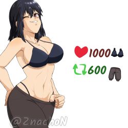 1girls big_breasts black_hair breasts brown_eyes cleavage clothed clothing hi_res looking_at_viewer medium_hair misaki_nagatoro navel partially_clothed please_don't_bully_me,_nagatoro pose revealing_clothes simple_background solo solo_female strip_game watermark white_background wide_hips wink znachon