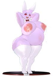 anthro big_breasts blush bodily_fluids boots bow_tie breasts clothing costume datmofo4 fake_ears fake_rabbit_ears female footwear generation_1_pokemon gengar genitals hi_res huge_breasts lactating legwear looking_at_viewer milk navel nintendo nipples overweight plump_(character) pokemon pokemon_(species) pregnant purple_body reverse_bunny_costume smile solo stockings thick_thighs underchikichan wide_hips