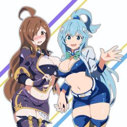 2girls aqua_(konosuba) asymmetrical_docking blue_eyes blue_footwear blue_hair blue_shirt blue_skirt blue_thighhighs blush boots bow bowtie breasts brown_eyes brown_hair commission contemporary cross female female_only green_bow green_bowtie hair_between_eyes hair_ornament hair_over_one_eye hair_rings huge_breasts kono_subarashii_sekai_ni_shukufuku_wo! large_breasts latin_cross light_blush long_hair long_sleeves looking_at_viewer multiple_girls nervous noyama_takenoko open_mouth race_queen revealing_clothes shirt simple_background single_hair_ring skeb_commission skirt smile thigh_boots thighhighs thighhighs_under_boots very_long_hair wiz_(konosuba)