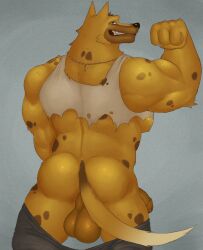 animal_crossing anthro ass biceps canid canine canis flaccid fleshformomo fur hi_res hyena kyle_(animal_crossing) male male_only mammal muscular muscular_anthro muscular_male nintendo solo spots spotted_body spotted_fur wolf