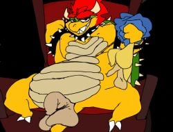 animated anthro balls big_balls bouncing_balls bouncing_penis bowser chair dangling_legs duo furniture genitals horn kamek koopa male male/male mario_(series) nintendo penis roksim scalie shell smile teeth throne yellow_body