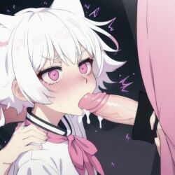 ai_generated blowjob blush blush cat_ears catgirl cum cum_in_mouth cumshot embarrassed eyes_wide_open fellatio flat_chest hand_on_shoulder just_the_tip oral pink_eyes pushing_head_towards_fellatio sailor_uniform school_uniform seifuku shocked shocked_expression short_hair shy small_breasts white_hair wide_eyed