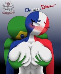 1boy 1girls big_breasts brazil_(countryhumans) countryhumans countryhumans_girl duo female france_(countryhumans) french_text green_body green_skin lol luisartz_(artist) male national_personification text