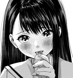 1boy clothing female geshumaro licking licking_penis long_hair looking_at_viewer manga_style monochrome oral pov pov_eye_contact precum sailor_uniform saionji_tsubaki_(tsubaki-sama_wa_sakihokore_nai) semen semen_on_tongue third-party_edit tsubaki-sama_wa_sakihokore_nai uncensored urzuse7en