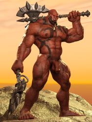 3d_(artwork) abs absurd_res axe battle_axe biceps dark-skinned_male dark_skin digital_media_(artwork) foreskin garrosh_hellscream genitals hi_res humanoid m.freak male muscular muscular_humanoid muscular_male nipples orc orc_male pecs penis piercing solo tattoo vein veiny_muscles