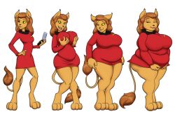 alien alien_girl bbw brown_hair caitian_(species) chubby_belly chubby_female chubby_thighs fat_breasts feline feline_humanoid female golden_eyes red_shirt riddleaugust sequence shiboline_m'ress star_trek star_trek_the_animated_series tail transformation weight_gain yellow_fur