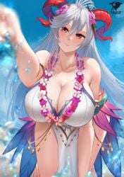 1girls alternate_costume bare_shoulders beach bikini breasts cleavage curled_horns female fire_emblem fire_emblem_heroes flower flower_necklace freyja_(fire_emblem) freyja_(summer)_(fire_emblem) goat_horns hair_flower hair_ornament horns huge_breasts kaos_art leaning_forward light-skinned_female light_skin long_hair looking_at_viewer multicolored_hair nintendo official_alternate_costume open_mouth outdoors pelvic_curtain red_eyes red_horns see-through smile splashing swimsuit thick_thighs water white_bikini white_hair white_swimsuit wide_hips