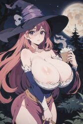 acl_noraai ai_generated areolae artist_name bare_tree carrying cleavage coffee creepy dragon's_crown forest holding_object huge_breasts large_breasts looking_at_viewer moon night nipple_slip oblivious outdoors sorceress sorceress_(dragon's_crown) unaware walking wardrobe_malfunction watermark witch witch_hat