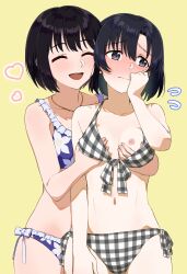 2girls bikini black_eyes black_hair blue_bikini blush bow breasts checkered_clothes collarbone dr._gero_(staedtler_0508) embarrassed floral_print floral_print_bikini frilled_bikini_top front-tie_bikini_top front-tie_top grabbing grabbing_another's_breast highres idolmaster idolmaster_cinderella_girls jewelry lesbians medium_breasts multiple_girls navel necklace nipples open_mouth shiragiku_hotaru short_hair side-tie_bikini_bottom small_breasts smile swimsuit takafuji_kako yuri