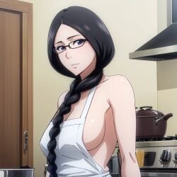 ai_generated apron apron_only barely_clothed bbing146422 big_breasts black_hair bleach blue_eyes braid breasts cleavage front_braid front_ponytail glasses hair_between_breasts huge_breasts long_hair looking_at_viewer mature mature_female milf nai_diffusion naked_apron oppai ponytail solo stable_diffusion tied_hair unohana_retsu upper_body