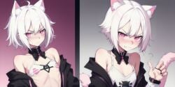 ai_generated angry annoyed blush blush collar flat_chest glare glaring grimace pink_eyes short_hair skimpy skimpy_bikini skimpy_clothes small_breasts tomboy true_flat_chest white_hair