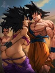 1boy 2girls abs after_battle anus arms_crossed arms_crossed_under_breasts ass biceps big_ass big_breasts black_hair breast_press breasts bubble_butt caulifla clothing dat_ass dragon_ball dragon_ball_super ear_piercing earrings elitenappa fat_ass female female_saiyan hand_on_ass hand_on_own_ass hands_behind_back huge_ass kale large_ass looking_at_another male muscular muscular_male nipple_slip nipples no_bra no_panties piercing pout pouting pubic_hair pussy saiyan smile son_goku thick_ass thick_thighs torn_clothes universe_6/universe_7 universe_6_saiyan/universe_7_saiyan wide_hips