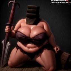 1girls 4k ai_generated bbw belly belly_button big_belly big_breasts big_breasts cleavage dark_souls female female female_only fromsoftware highres maneater_mildred matronai_(artist) navel obese obese_female patreon patreon_username pinup solo solo_female ssbbw stable_diffusion thick thick_thighs twitter_username weapon