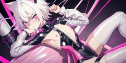 ai_generated angry annoyed blush blush bodysuit brat bratty cat_ears catgirl flat_chest glare glaring latex perky_nipples pink_eyes plugsuit shiny_clothes short_hair small_breasts smug thighhighs true_flat_chest tsundere white_hair zipper zipper_down