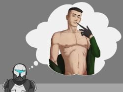 2boys black_hair blue_eyes clone_commando clone_trooper deoxd glove_pull imagining male/male male_only mouth_hold pinup pinup_pose royce_hemlock scorch_(star_wars) star_wars star_wars:_the_bad_batch the_bad_batch undressing yaoi