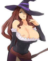 1girls breasts broom brown_eyes cleavage detached_sleeves dragon's_crown dress female hamushima hat hat_over_one_eye huge_breasts large_breasts nipples simple_background solo sorceress_(dragon's_crown) staff strapless_dress vanillaware weapon witch_hat