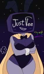 bowtie bunny_ears bunnysuit cape dandy's_world dark_blue_body object_head roblox robot_girl simple_background smile smiling_at_viewer the_tracer_(artist) tv_head vee_(dandy's_world)