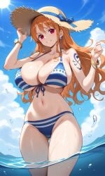 1girls ai_generated bikini blue_sky bracelet breasts day earrings female female_only hat huge_breasts jewelry large_breasts long_hair looking_at_viewer nami nami_(one_piece) navel one_piece orange_hair outdoors sky solo solo_female straw_hat swimsuit tattoo wading water wet