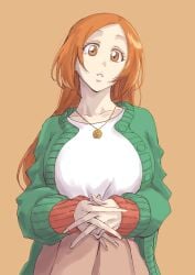 1girls bleach bleach:_the_thousand-year_blood_war brown_eyes brown_hair female inoue_orihime looking_at_viewer necklace not_porn pierrot_(company) plain_background sfw solo solo_female solo_focus sweater