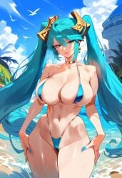 2d ai_generated beach big_breasts bikini day female female_focus female_only highleg league_of_legends long_hair micro_bikini outdoors solo solo_female solo_focus sona_buvelle tagme turquoise_hair twintails