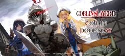 1boy 2girls armor black_hair blonde_hair blood_on_armor blue_dress breastplate brown_dust_(series) brown_dust_2 brown_eyes brown_gloves capelet closed_eyes copyright_name dress female gloves glowing glowing_eyes goblin goblin_slayer goblin_slayer! hair_ornament hairclip hat helmet highres juliet_sleeves long_hair long_sleeves medium_hair multiple_girls official_art pauldrons praying priestess_(goblin_slayer!) puffy_sleeves robe scheherazade_(brown_dust) scheherazade_(the_lapis_witch)_(brown_dust) second-party_source shoulder_armor sweater thighhighs town very_long_hair white_capelet white_hat white_robe white_sweater white_thighhighs