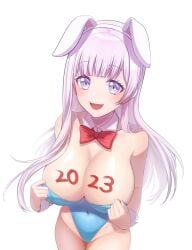 2023 big_breasts blush body_writing bowtie bunny_ears bunny_girl bunnysuit d4dj izumo_saki kougami long_hair pussy stripping