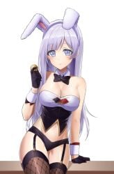 big_breasts blush bunny_ears cleavage coin d4dj female female_only fishnets fully_clothed izumo_saki kougami long_hair pointy_chin revealing_clothes stockings thick_thighs