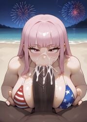 (turboshiggy) 1boy 1boy1girl 1girls ai_generated american_flag_bikini beach bikini bikini_top blowjob cum cum_in_mouth cum_on_breasts cum_on_face dark-skinned_male fireworks holding_breast hololive hololive_english interracial light-skinned_female long_hair male/female mori_calliope night night_sky pink_eyes pink_hair self_upload virtual_youtuber vtuber