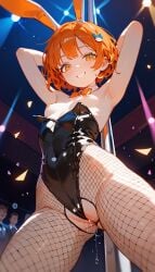 ai_generated armpits bunny_ears bunny_girl bunnysuit fake_animal_ears fake_bunny_ears fake_rabbit_ears fishnet_pantyhose fishnets happy happy_female leotard orange_hair pantyhose pussy pussy_juice rabbit_ears small_breasts smaller_female yellow_eyes