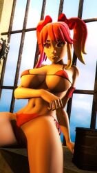 1girls 3d 3d_(artwork) almost_naked alternate_version_available arm_under_breasts armband big_breasts bow box breasts clothing female female_only hammer pink_hair purple_eyes red_bikini saiko_bichitaru_(smg4) shaded sitting small_bikini smg4 solo twintails whiteweasel window