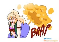 1girl 1girls artist_name ass big_ass big_breasts big_butt blonde blonde_female blonde_hair blonde_hair_female blue_pants blush blush_lines bra brap breasts brown_bra butt cleavage dorohedoro fart fart_cloud fart_fetish farting female female_focus female_only jpg light-skinned_female light_skin long_hair nikaido onomatopoeia pants pink_bra ponytail poopysasha purple_pants text vest watermark yellow_fart yellow_fart_cloud