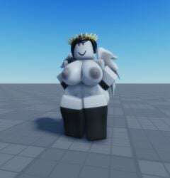 1girls 3d angel arm_warmers arms_behind_back artist_request baseplate big_ass big_breasts breasts grey_nipples grey_skin grey_skinned_female head_tilt lowres nude ponytail roblox robloxian smile source_request standing tagme thick_thighs thigh_highs thighs wings