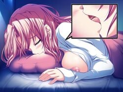 1boy 1girls bed blush breasts brown_hair dreaming eyes_closed female french_kiss game_cg henshin_3 kissing male nipples oblivious open_clothes open_shirt remote_transfer saliva shirt sleeping straight tongue