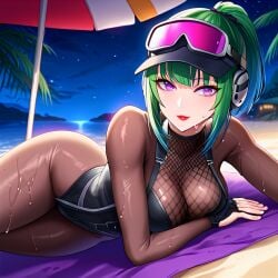 ai_generated beach big_breasts big_butt bodystocking bodysuit cap curvy curvy_body curvy_female curvy_figure curvy_hips ela_(rainbow_six) ela_bosak fishnets glasses green_hair headgear headwear looking_at_viewer outdoors purple_eyes rainbow_six_siege red_lipstick short_hair smile smiling smiling_at_viewer sunglasses sunglasses_on_head sweat sweatdrop sweating sweaty tagme tied_hair