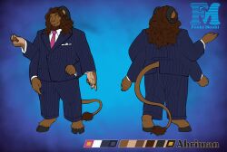 4_arms ahriman balls beard character_sheet chest_hair clothed dad_bod fonkimonki furry hairy hooves long_hair male multi_arm multi_limb muscles muscular muscular_male pinstripe_suit solo suit_and_tie