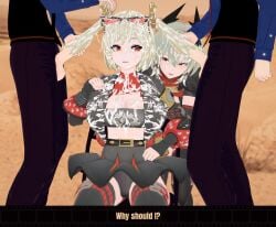 2boys 2girls 3d bukkake burnice_white caesar_king cum cum_on_breasts cum_on_clothes cum_on_face cum_on_hair femdom hair_harpoon hairjob koikatsu randomfella0 rape restrained sitting smug text upskirt zenless_zone_zero