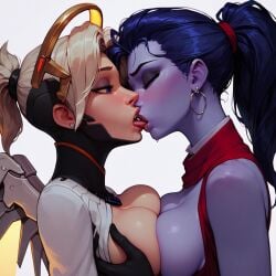 2girls ai_generated blonde_female blonde_hair blonde_hair_female both_blushing breast_press breast_to_breast breasts holding_partner imminent_kiss kissing lesbian_kiss light-skinned light-skinned_female making_out mercy open_mouth overwatch overwatch_2 purple_body purple_hair purple_skin purple_skinned_female saliva sensual sloppy_kiss sucking_tongue symmetrical_docking tongue tongue_kiss tongue_kissing tongue_out wet_kiss widowmaker yuri