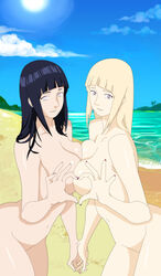 2girls bare_shoulders blonde_hair blue_hair breast_press breasts cleavage cloud female hair heart heart_hands heart_hands_duo highres holding_hands human hyuuga_hinata large_breasts long_hair moe_moe_kyun! multiple_girls nail_polish naruto naruto_shippuden navel nude parody purple_eyes sand shion_(naruto) sky smile sun symmetrical_docking water white_eyes xedor993 yuri