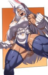 1girls abs bare_arms bare_legs bare_shoulders bare_thighs big_breasts bunny_ears bunny_girl clothed clothing color dark-skinned_female dark_skin female female_focus female_only fit_female gamjasssak hi_res large_breasts long_hair looking_at_viewer miruko muscles muscular muscular_arms muscular_female muscular_legs muscular_thighs my_hero_academia nipples_visible_through_clothing red_eyes rumi_usagiyama solo solo_female superheroine tagme thick_thighs white_hair