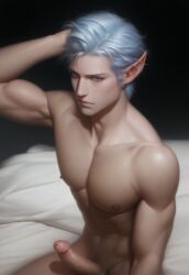 1boy abs ai_generated bed biceps big_biceps big_pecs blue_eyes blue_hair broad_shoulders elf elf_ears elf_male epic_fantasy_whore erection hand_behind_head looking_at_viewer male male_nipples male_only manly muscular muscular_male nai_diffusion nude nude_male on_bed original_character pecs penis pointy_ears short_hair sitting sitting_on_bed solo solo_male