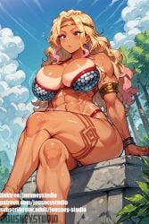 abs ai_generated amazon amazon_(dragon's_crown) armlet armor bare_shoulders bikini bikini_armor blonde_hair blue_sky blush bracelet breasts circlet cleavage clothing cloud cloudy_sky crossed_legs dark-skinned_female dark_skin day dragon's_crow dragon's_crown earrings english_text female female_only gradient_hair huge_breasts jewelry jousneystudio large_breasts leg_tattoo lips long_hair looking_at_viewer multicolored_hair muscle muscular_female navel original outdoors pink_hair purple_eyes shiny shiny_skin sitting sky solo swimsuit tanlines tattoo thick_thighs thighs toned tree water wavy_hair