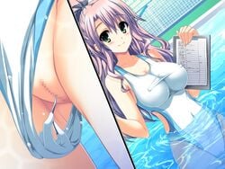 censored hand hands henshin_3 long_hair nipple_bulge notebook one-piece_swimsuit pen pool purple_hair pussy remote_transfer school_swimsuit swimsuit tampon water white_school_swimsuit