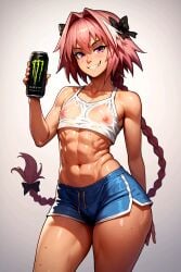 1boy 1femboy ai_generated areolae astolfo_(fate) big_thighs blush fate/grand_order fate_(series) femboy girly huge_thighs large_thighs male male_only monster_energy monster_energy_drink navel nipples smile thick_thighs thighs trap voluptuous xwaifuai