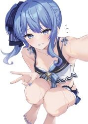 1girls bare_skin bikini blue_hair coha350 female hololive hololive_japan hoshimachi_suisei looking_at_viewer shy small_breasts solo swimsuit tagme virtual_youtuber