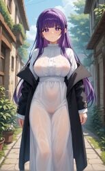 1girls ai_generated cute fern_(sousou_no_frieren) fernretriever nipple_visible_through_clothes purple_eyes purple_hair pussy_visible_through_clothes rengoart sad sousou_no_frieren wet