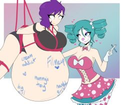 2girls big_belly claire_(claireclown7) clown clown_girl drawing_on_body duo english_text fat_fetish fatty female female_focus female_only lesbian marie_(claireclown7) mask nyanilla_ stomach_deformation tagme yuri